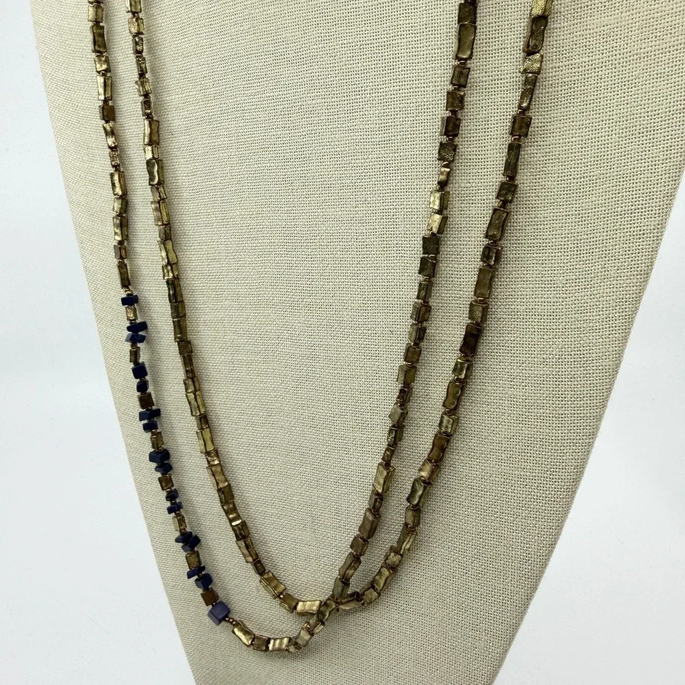 Bronze Tone Blue Chip Bead Double Strand Leather Cord Boho Statement Necklace